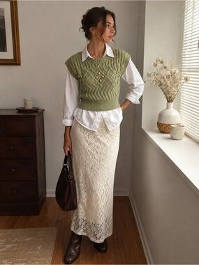 Pure Cream Crochet Maxi Skirt with Olive Knit Vest Styling